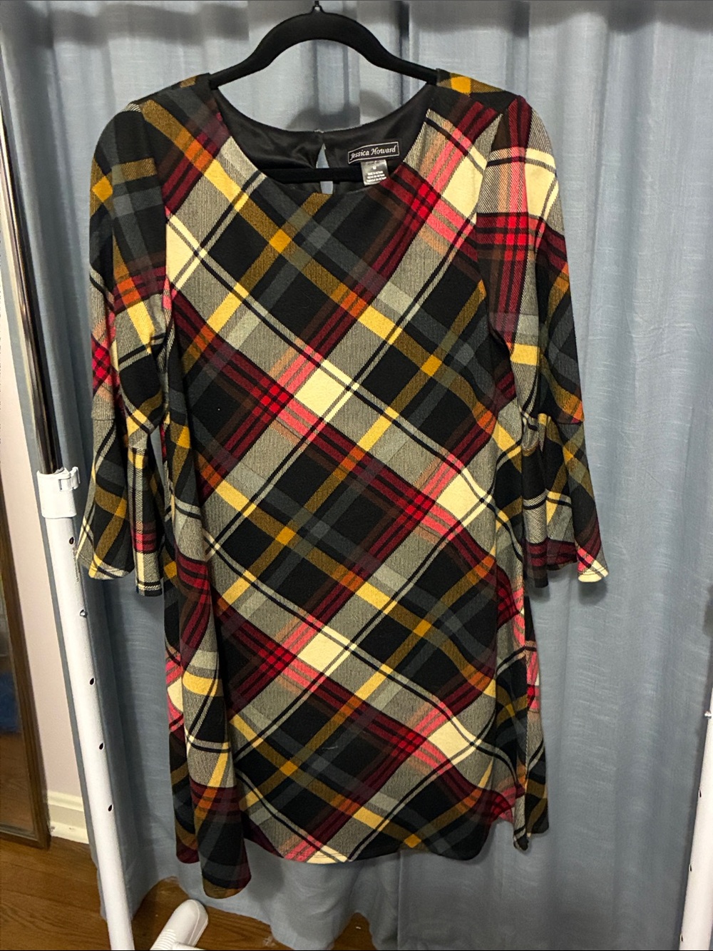 Jessica Howard Black Plaid Midi Dress with Mustard & Red Accents